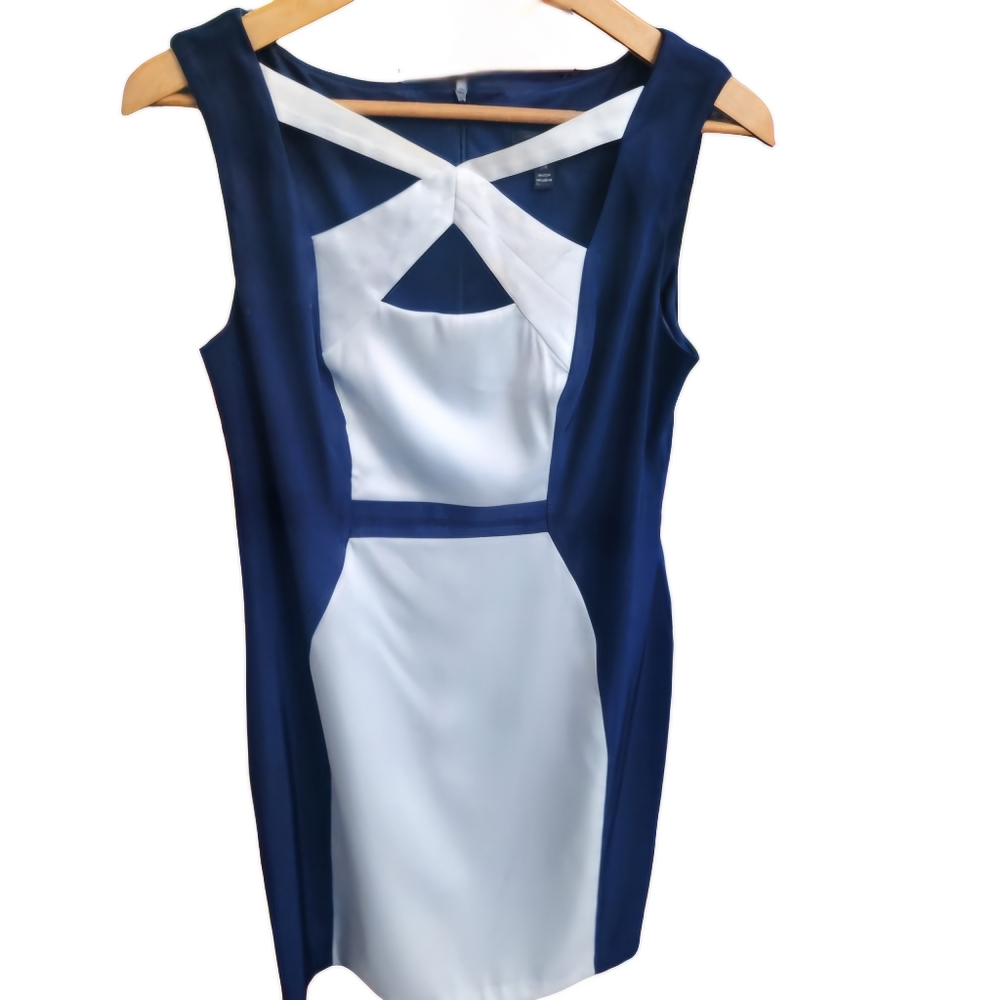 Womens 10P Navy Blue & Ivory Sleeveless Connected Apparel Minimalist Dress